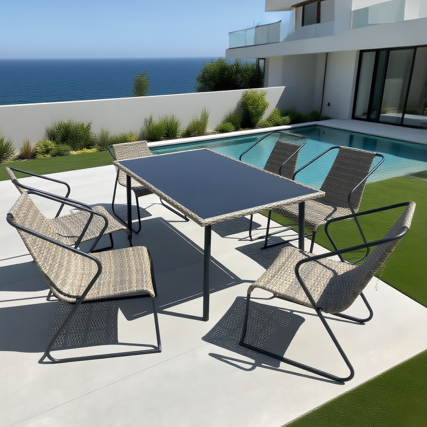 TBDS2514 Brown Woven Rope & Black Metal Modern Minimalist Outdoor Dining Set with Black Glass Rectangular Dining Table – Stylish Patio Furniture