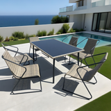 TBDS2514 Brown Woven Rope & Black Metal Modern Minimalist Outdoor Dining Set with Black Glass Rectangular Dining Table – Stylish Patio Furniture