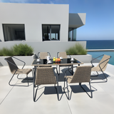 TBDS2514 Brown Woven Rope & Black Metal Modern Minimalist Outdoor Dining Set with Black Glass Rectangular Dining Table – Stylish Patio Furniture