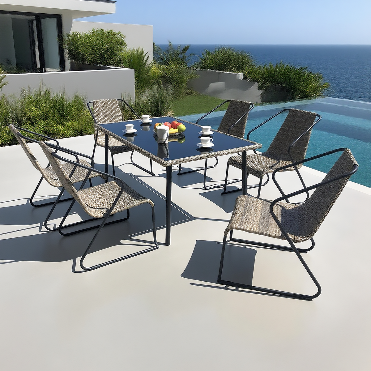 TBDS2514 Brown Woven Rope & Black Metal Modern Minimalist Outdoor Dining Set with Black Glass Rectangular Dining Table – Stylish Patio Furniture