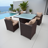 TBDS2515 Dark Brown Wicker Tropical Luxury Outdoor Dining Set with Beige Cushions & Light Blue Glass Rectangular Dining Table – Stylish Patio Furniture