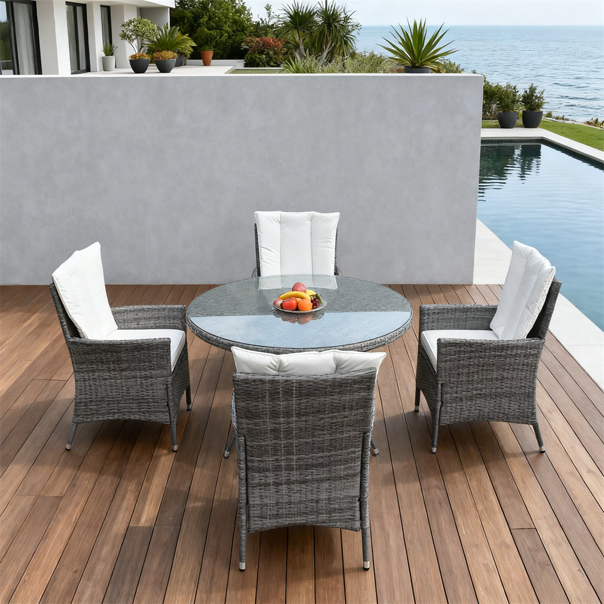 TBDS2517-4S backcushioned Dark Grey Wicker Modern Coastal Luxury Outdoor Dining Set with White High-Back Cushions & Clear Glass Round Dining Table – Stylish Patio Furniture