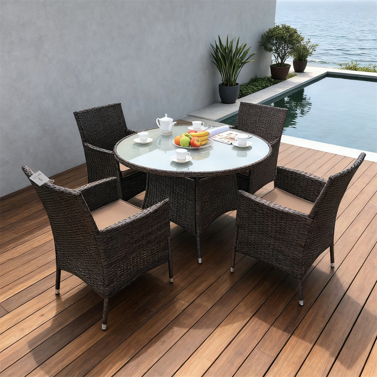 TBDS2517-4S White Wicker Coastal Minimalist Outdoor Dining Set with Black & White Cushions & Clear Glass Round Dining Table – Stylish Patio Furniture