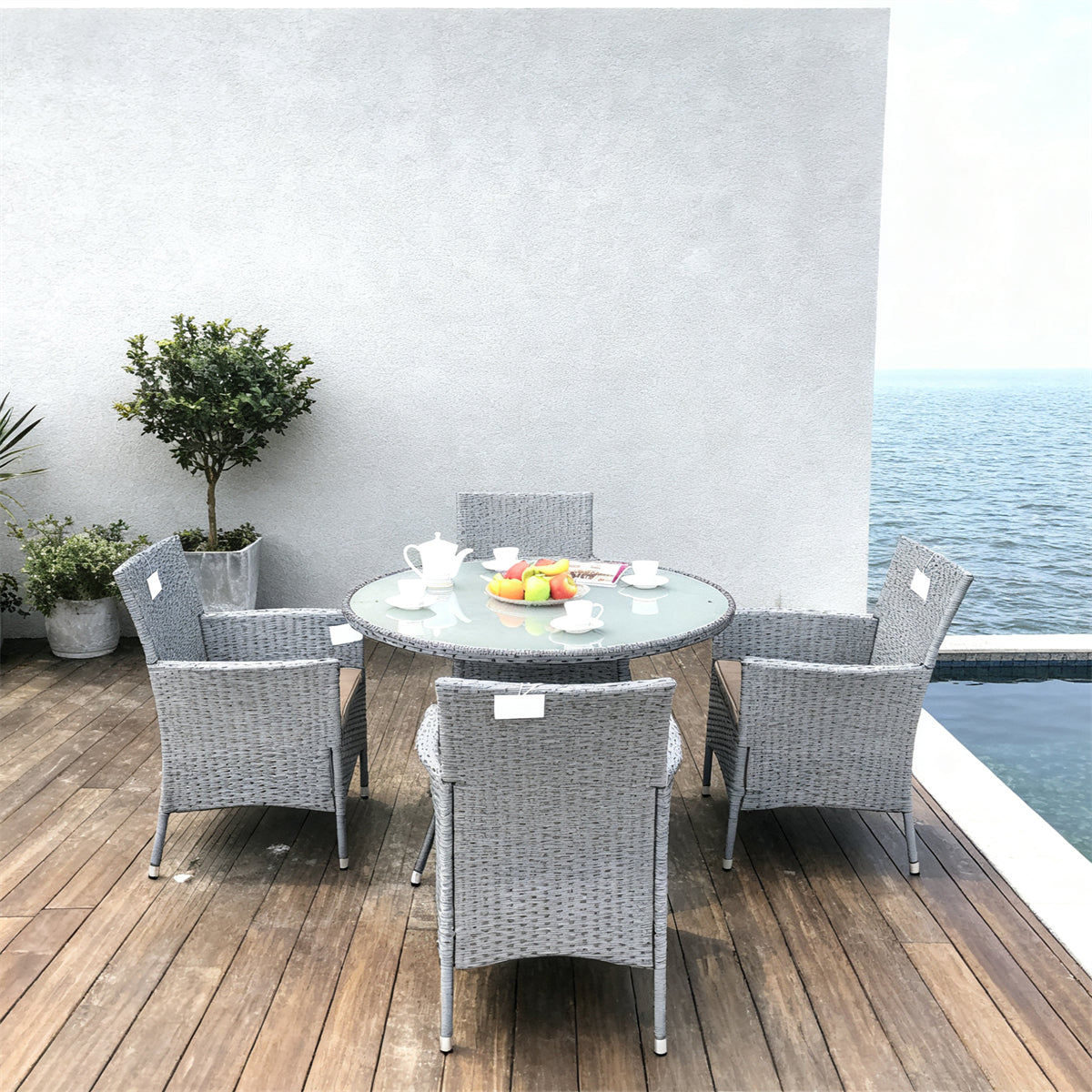 TBDS2517-4S White Wicker Coastal Minimalist Outdoor Dining Set with Black & White Cushions & Clear Glass Round Dining Table – Stylish Patio Furniture