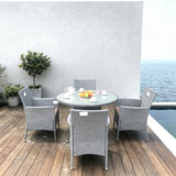 TBDS2517-4S White Wicker Coastal Minimalist Outdoor Dining Set with Black & White Cushions & Clear Glass Round Dining Table – Stylish Patio Furniture