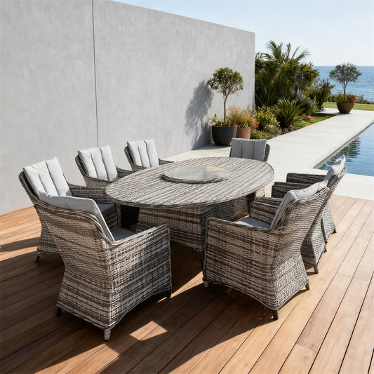 TBDS251803 Grey-White Woven Wicker Modern Coastal Luxury Outdoor Dining Set with Light Grey High-Back Cushions & Wicker-Look Oval Table (Glass Lazy Susan) – Stylish Patio Furniture