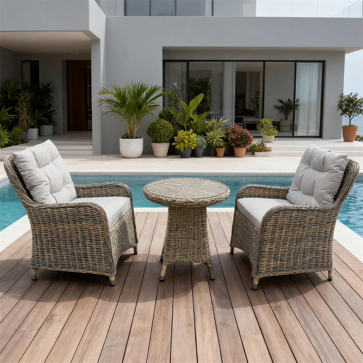 TBDS251804-2S Light Grey Woven Wicker Coastal Luxury Outdoor Bistro Set with Light Grey Tufted Cushions & Glass Round Table – Stylish Patio Furniture