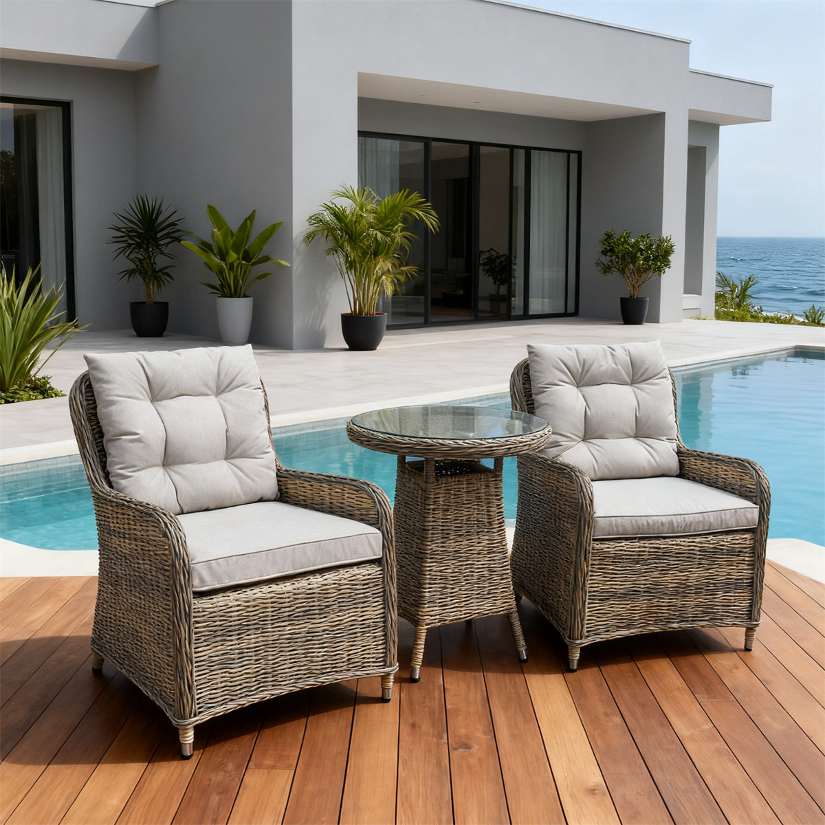TBDS251804-2S Light Grey Woven Wicker Coastal Luxury Outdoor Bistro Set with Light Grey Tufted Cushions & Glass Round Table – Stylish Patio Furniture