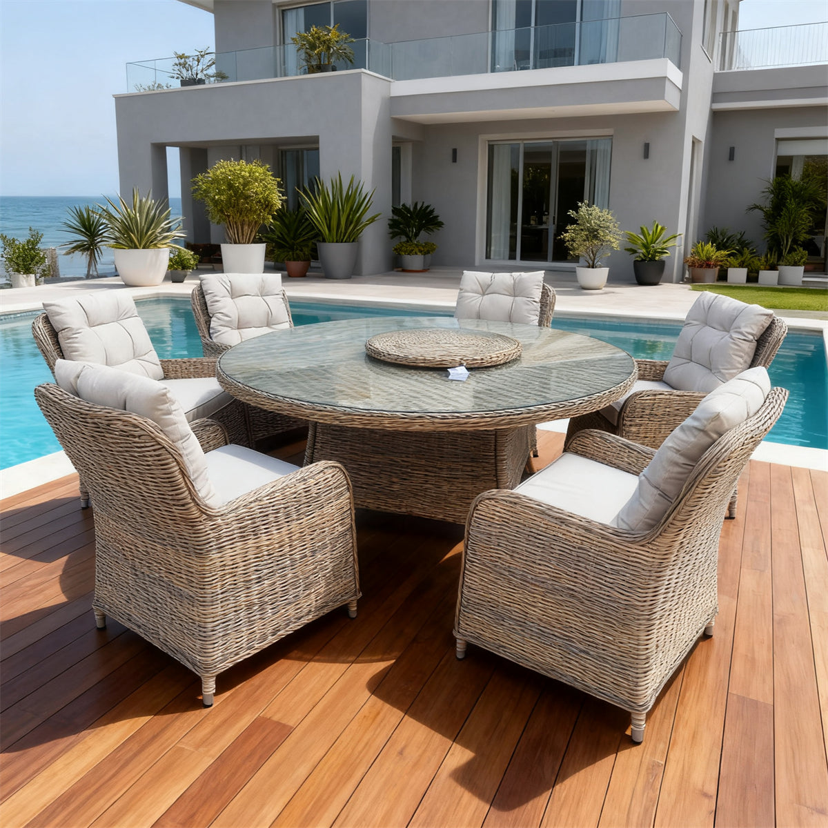 TBDS251804-6S Light Brown Wicker Coastal Luxury Outdoor Dining Set with Light Grey Tufted High-Back Cushions & Glass Lazy Susan Round Table – Stylish Patio Furniture