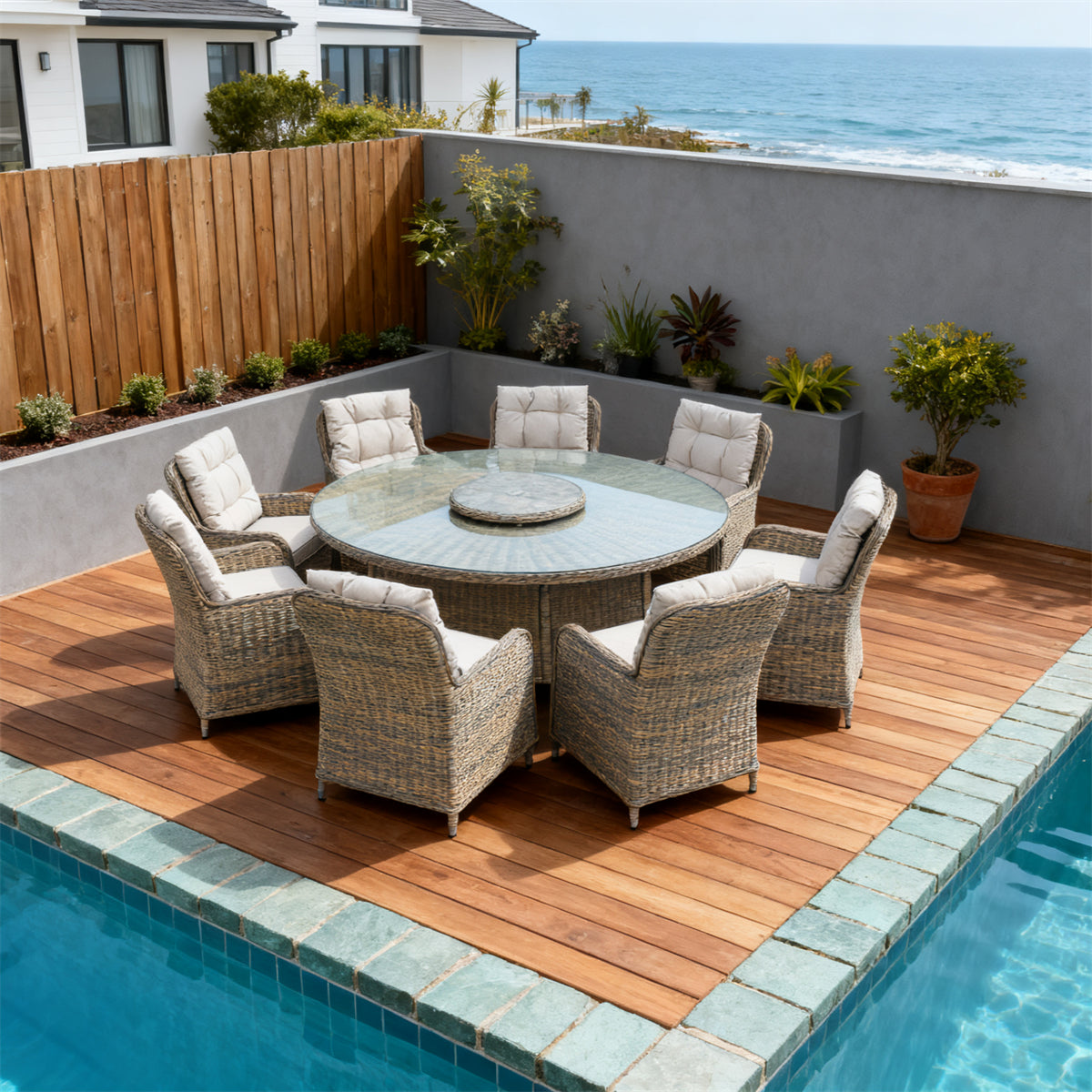 TBDS251804-8S Light Brown Woven Wicker Coastal Luxury Outdoor Dining Set with Light Grey Tufted Cushions & Glass Lazy Susan Round Table – Stylish Patio Furniture