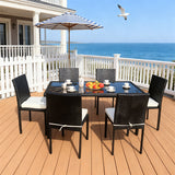 TBDS2519 Black Wicker Coastal American Luxury Outdoor Dining Set with White Cushions & Black Glass Rectangular Table – Stylish Patio Furniture