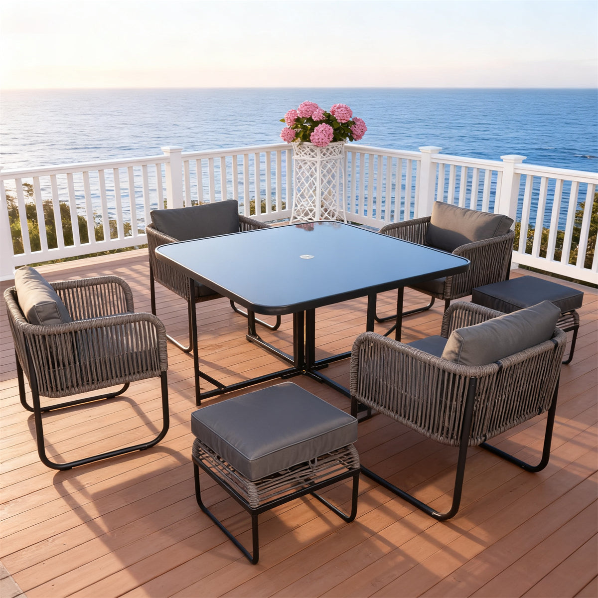 TBDS2520 Dark Grey Rope & Black Metal Coastal Luxury Outdoor Multi-Functional Dining Set with Dark Grey Cushions & Black Square Table (Ottomans Included) – Stylish Patio Furniture
