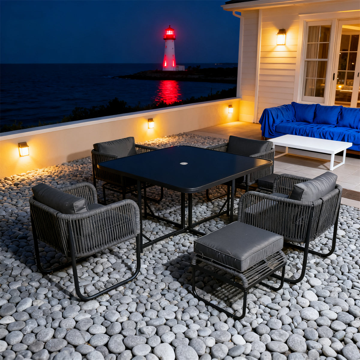 TBDS2520 Dark Grey Rope & Black Metal Coastal Luxury Outdoor Multi-Functional Dining Set with Dark Grey Cushions & Black Square Table (Ottomans Included) – Stylish Patio Furniture