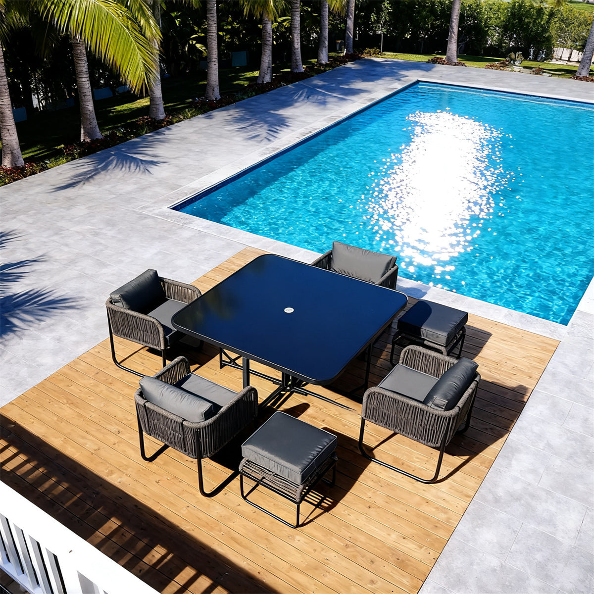 TBDS2520 Dark Grey Rope & Black Metal Coastal Luxury Outdoor Multi-Functional Dining Set with Dark Grey Cushions & Black Square Table (Ottomans Included) – Stylish Patio Furniture