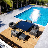 TBDS2520 Dark Grey Rope & Black Metal Coastal Luxury Outdoor Multi-Functional Dining Set with Dark Grey Cushions & Black Square Table (Ottomans Included) – Stylish Patio Furniture