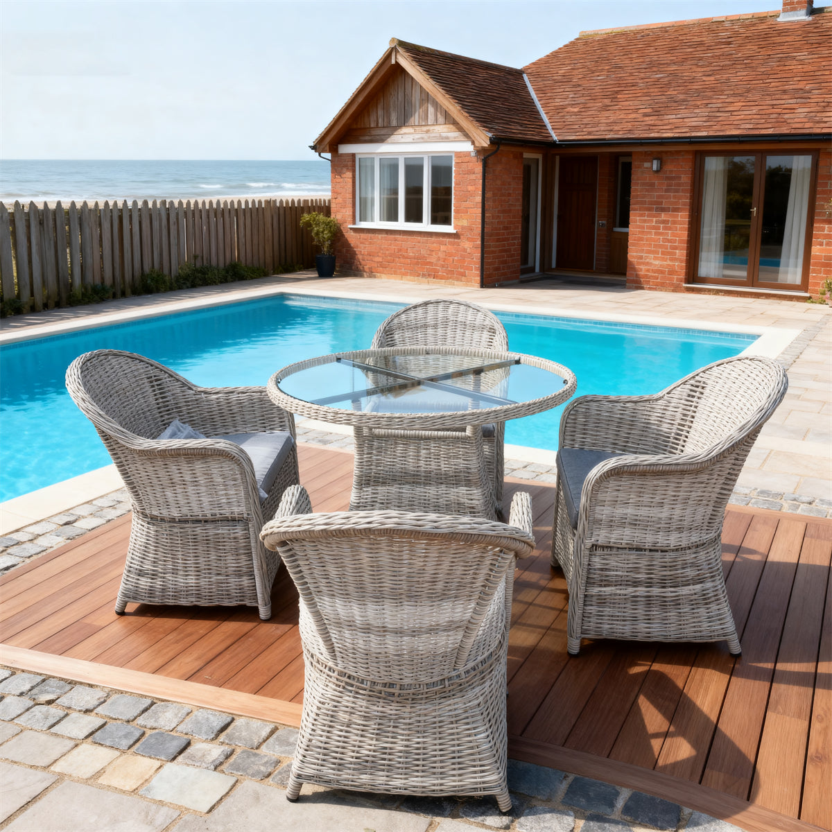 TBDS2521 Light Grey Wicker Coastal English Luxury Outdoor Bistro Set with Light Grey Cushions & Glass Round Table – Stylish Patio Furniture