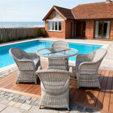 TBDS2521 Light Grey Wicker Coastal English Luxury Outdoor Bistro Set with Light Grey Cushions & Glass Round Table – Stylish Patio Furniture
