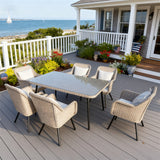 TBDS2522 Light Beige Wicker & Black Metal American Coastal Luxury Outdoor Dining Set with White Cushions & Wicker-Look Glass Rectangular Table – Stylish Patio Furniture