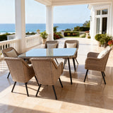 TBDS2522 Light Beige Wicker & Black Metal American Coastal Luxury Outdoor Dining Set with White Cushions & Wicker-Look Glass Rectangular Table – Stylish Patio Furniture