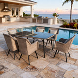 TBDS2522 Light Beige Wicker & Black Metal American Coastal Luxury Outdoor Dining Set with White Cushions & Wicker-Look Glass Rectangular Table – Stylish Patio Furniture