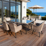 TBDS2522 Light Beige Wicker & Black Metal American Coastal Luxury Outdoor Dining Set with White Cushions & Wicker-Look Glass Rectangular Table – Stylish Patio Furniture