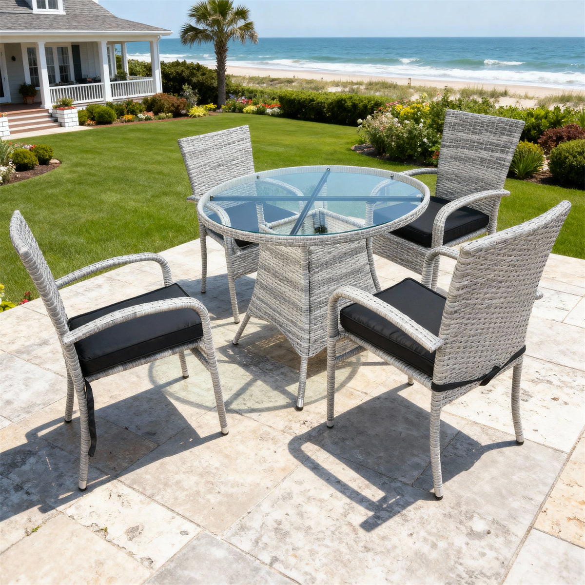 TBDS2523 Light Grey Wicker Modern Coastal Luxury Outdoor Dining Set with Black-Grey Cushions & Clear Glass Round Table – Stylish Patio Furniture