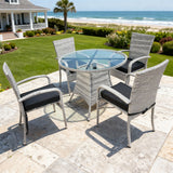 TBDS2523 Light Grey Wicker Modern Coastal Luxury Outdoor Dining Set with Black-Grey Cushions & Clear Glass Round Table – Stylish Patio Furniture