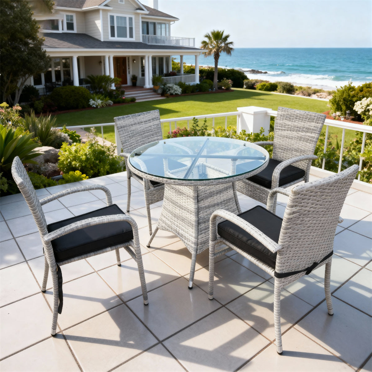 TBDS2523 Light Grey Wicker Modern Coastal Luxury Outdoor Dining Set with Black-Grey Cushions & Clear Glass Round Table – Stylish Patio Furniture