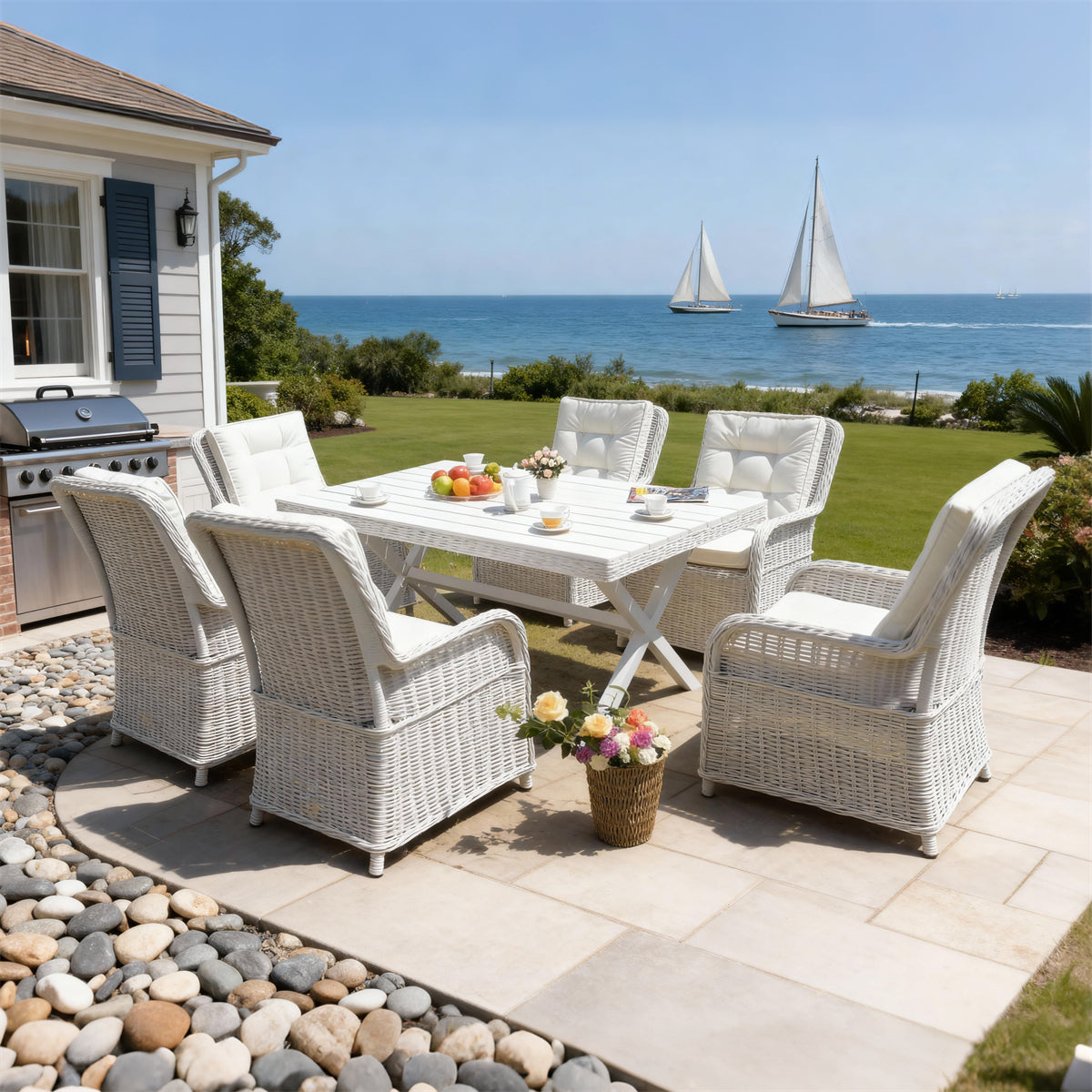 TBDS252402 White Wicker American Coastal Luxury Outdoor Dining Set with White Tufted Cushions & Foldable White Wicker Rectangular Table – Stylish Patio Furniture