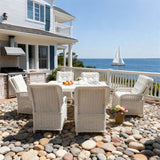 TBDS252402 White Wicker American Coastal Luxury Outdoor Dining Set with White Tufted Cushions & Foldable White Wicker Rectangular Table – Stylish Patio Furniture