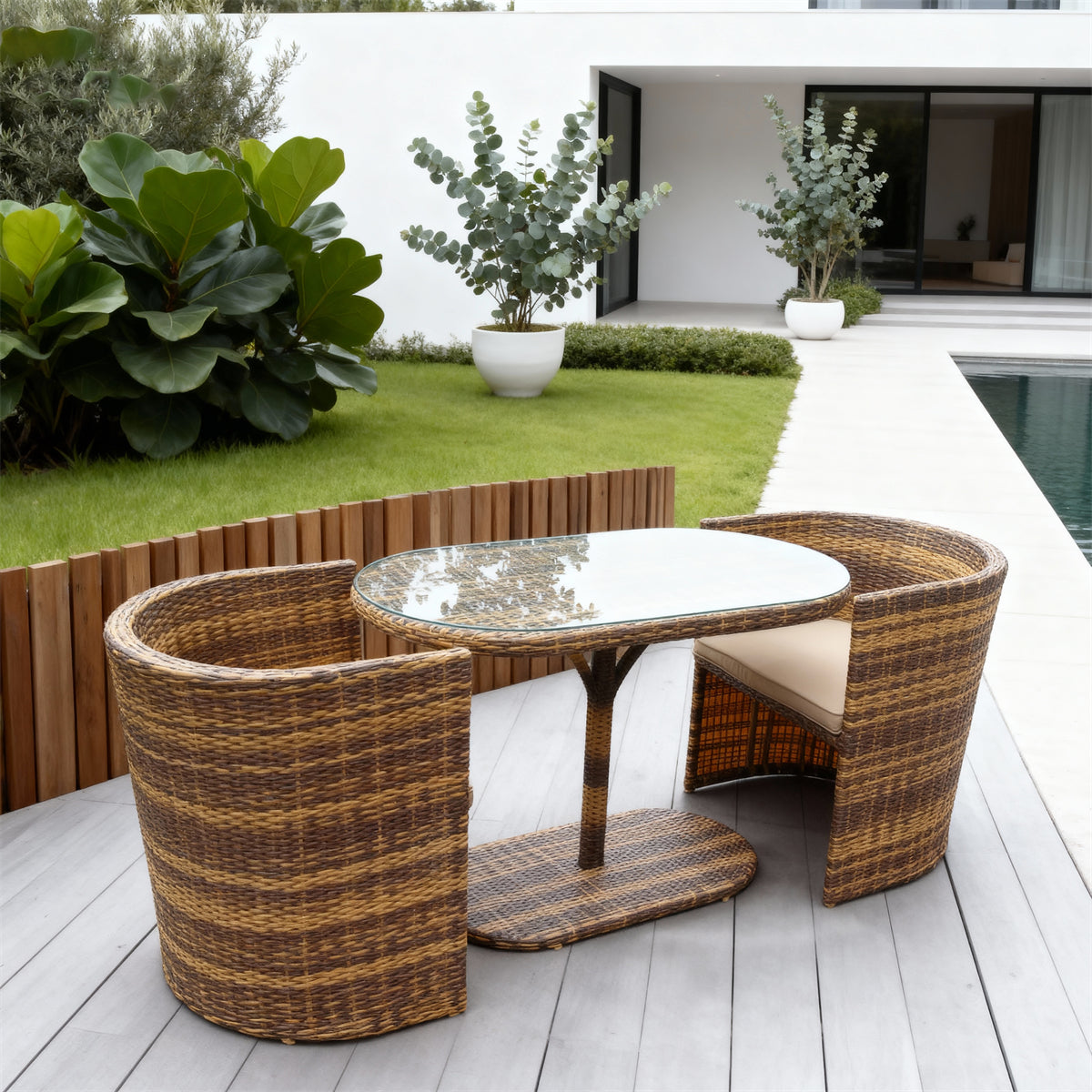 TBDS252501 Brown-Yellow Woven Rattan Modern Tropical Luxury Outdoor Bistro Set with Beige Cushions & Rattan-Look Glass Oval Table – Stylish Patio Furniture