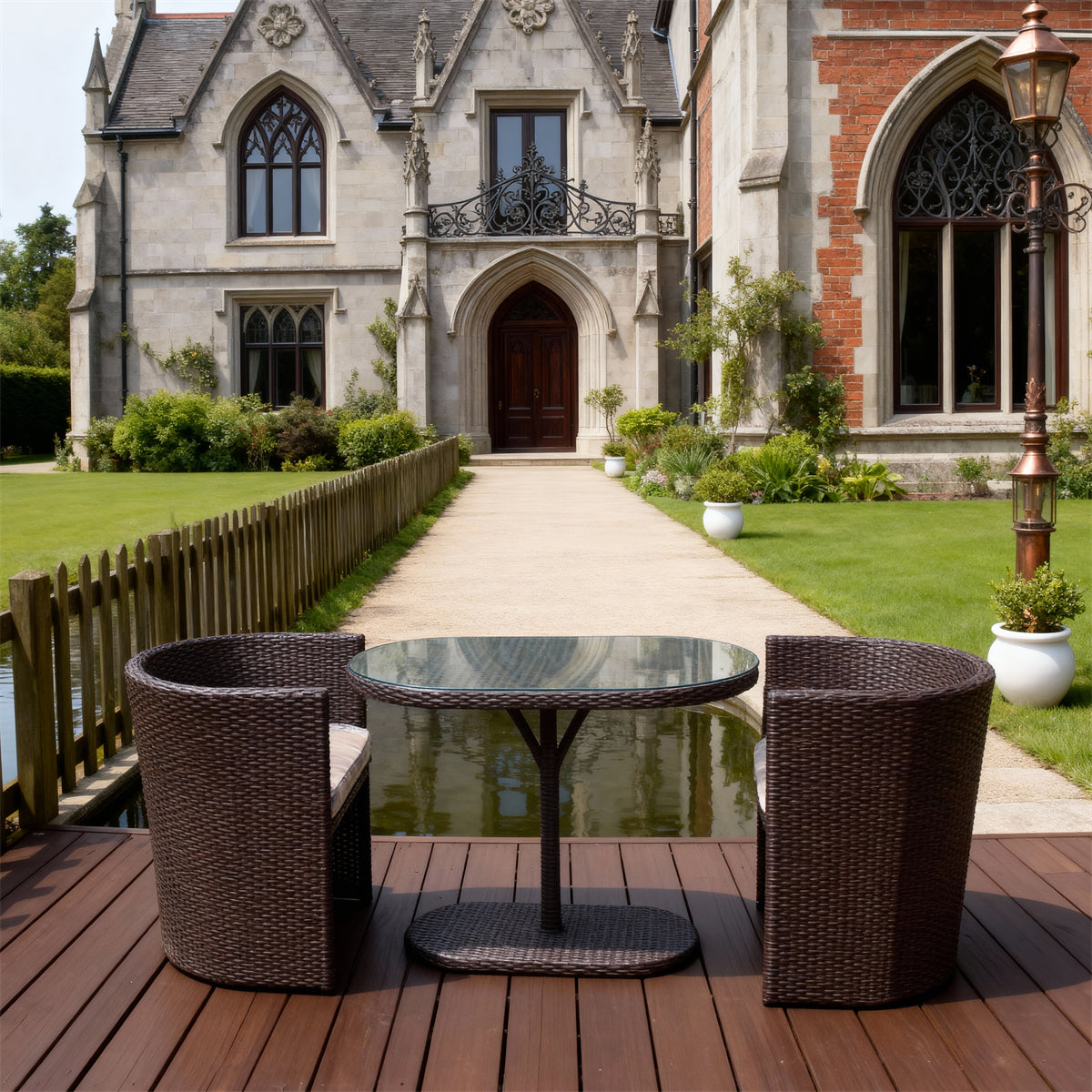TBDS252502 Dark Brown Wicker English Castle Luxury Outdoor Bistro Set with Beige Cushions & Glass Oval Table – Stylish Patio Furniture
