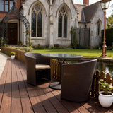 TBDS252502 Dark Brown Wicker English Castle Luxury Outdoor Bistro Set with Beige Cushions & Glass Oval Table – Stylish Patio Furniture