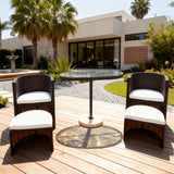 TBDS252504 Dark Brown Wicker California Modern Luxury Outdoor Multi-Functional Bistro Set with White Cushions & Glass Round Table (Marble Base + Ottomans)