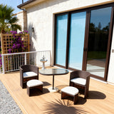 TBDS252504 Dark Brown Wicker California Modern Luxury Outdoor Multi-Functional Bistro Set with White Cushions & Glass Round Table (Marble Base + Ottomans)