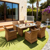 TBDS2526 Natural Brown-Yellow Rattan California Tropical Luxury Outdoor Dining Set with Dark Brown Cushions & Rattan-Look Glass Rectangular Table