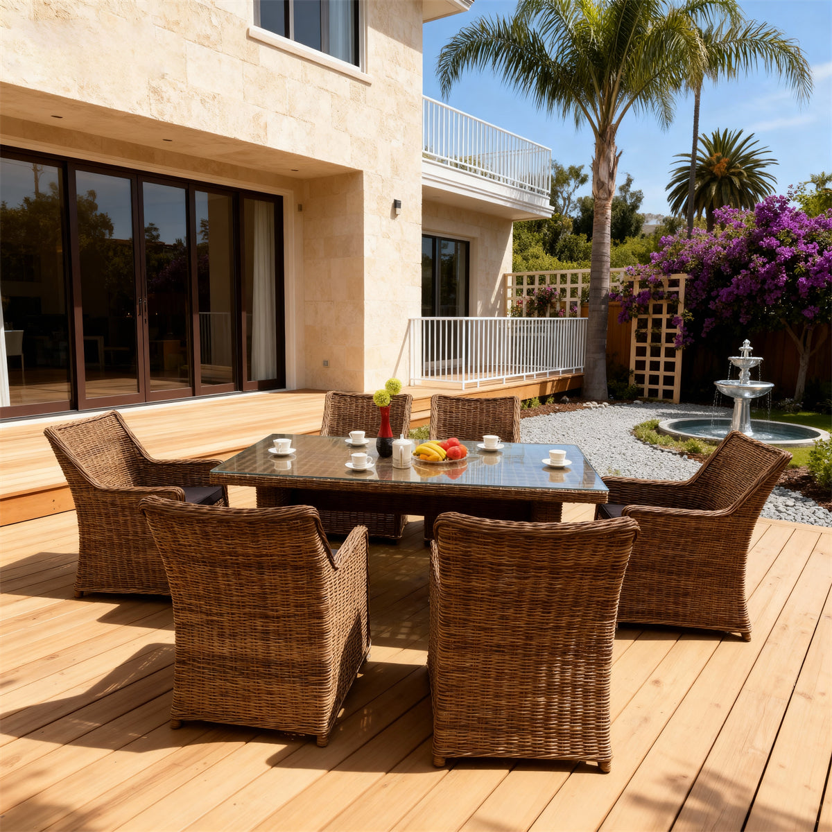 TBDS2526 Natural Brown-Yellow Rattan California Tropical Luxury Outdoor Dining Set with Dark Brown Cushions & Rattan-Look Glass Rectangular Table