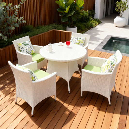 TBDS252702 White Wicker Modern Tropical Luxury Outdoor Bistro Set with Lime-Green Cushions & Printed Pillows