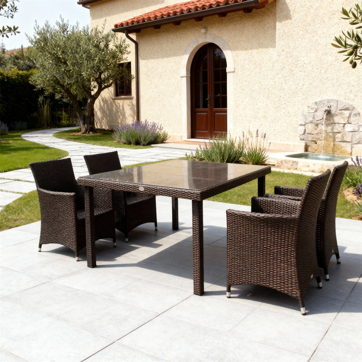 TBDS252704 Dark Brown Wicker Mediterranean Villa Luxury Outdoor Dining Set with Cushion-Free Design & Stone-Look Glass Rectangular Table