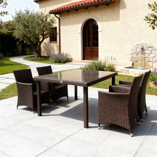 TBDS252704 Dark Brown Wicker Mediterranean Villa Luxury Outdoor Dining Set with Cushion-Free Design & Stone-Look Glass Rectangular Table