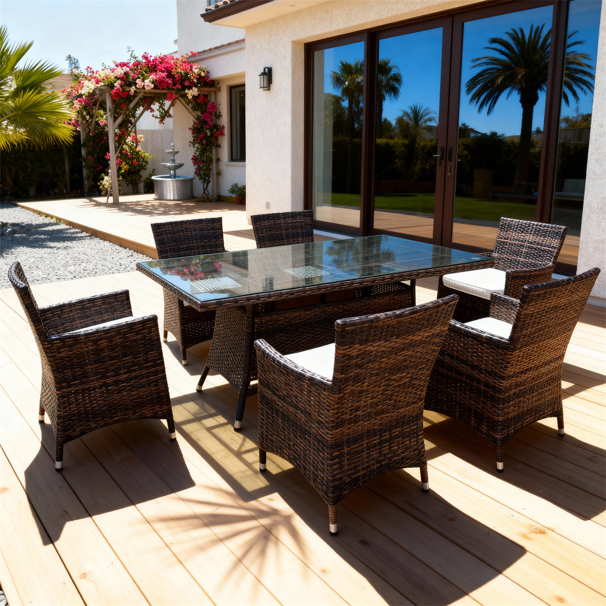 TBDS252705 Dark Brown Woven Rattan Southern European Coastal Luxury Outdoor Dining Set with Grey-White Cushions & Clear Glass Rectangular Table