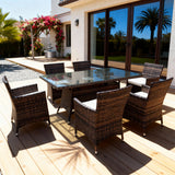 TBDS252705 Dark Brown Woven Rattan Southern European Coastal Luxury Outdoor Dining Set with Grey-White Cushions & Clear Glass Rectangular Table
