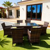 TBDS252705 Dark Brown Woven Rattan Southern European Coastal Luxury Outdoor Dining Set with Grey-White Cushions & Clear Glass Rectangular Table