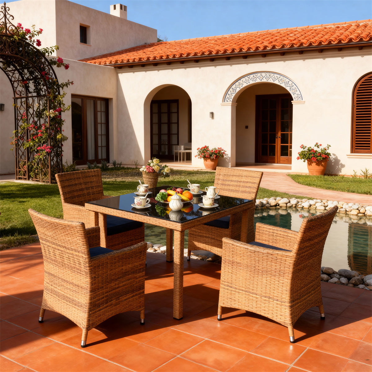 TBDS252706 Natural Brown-Yellow Rattan Mexican Hacienda Luxury Outdoor Dining Set with Navy Cushions & Glass Rectangular Table