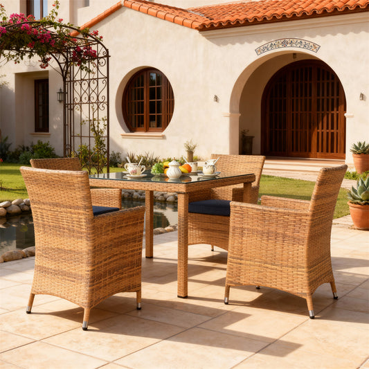 TBDS252706 Natural Brown-Yellow Rattan Mexican Hacienda Luxury Outdoor Dining Set with Navy Cushions & Glass Rectangular Table