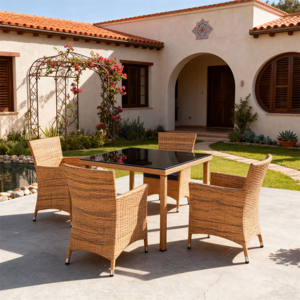 TBDS252706 Natural Brown-Yellow Rattan Mexican Hacienda Luxury Outdoor Dining Set with Navy Cushions & Glass Rectangular Table