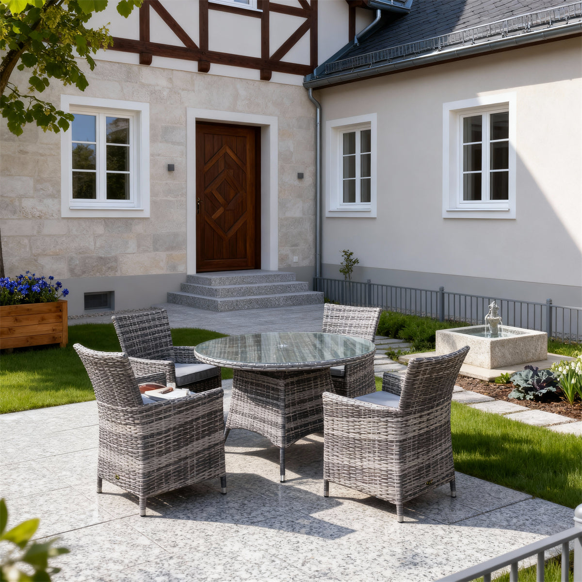 TBDS252707 Grey-Brown Woven Rattan German Cottage Luxury Outdoor Bistro Set with Light Blue Cushions & Rattan-Look Glass Round Table
