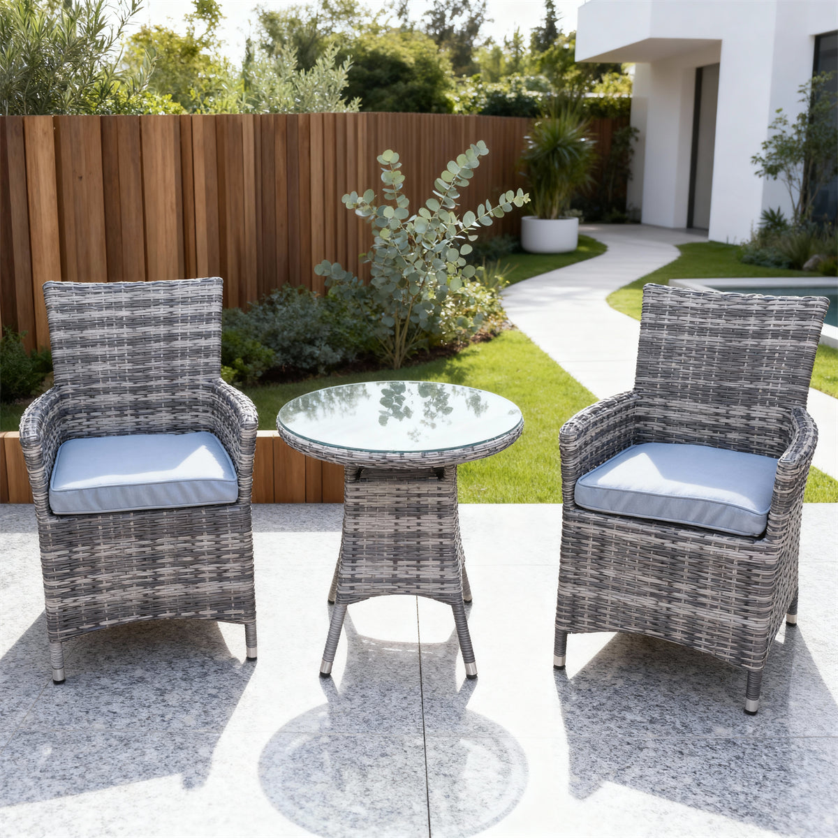 TBDS252708 Grey-Striped Wicker Modern Minimalist Luxury Outdoor Bistro Set with Light Blue Cushions & Clear Glass Round Table