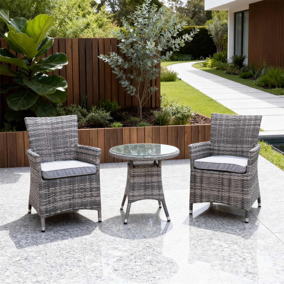 TBDS252708 Grey-Striped Wicker Modern Minimalist Luxury Outdoor Bistro Set with Light Blue Cushions & Clear Glass Round Table