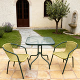 TBDS252901 Yellow-Green Rattan & Forest Green Metal Southern European Olive Grove Luxury Outdoor Bistro Set with Cushion-Free Design & Textured Glass Square Table